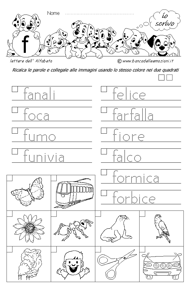 Alfabeto - scrivere parole e collegare le immagini - Lettera f