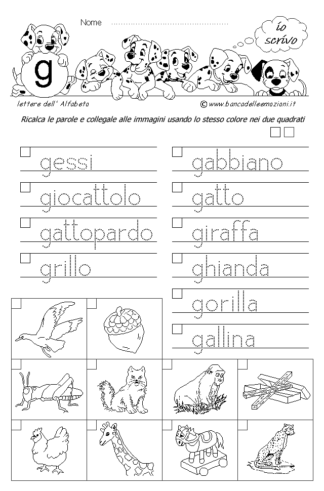 Alfabeto - scrivere parole e collegare le immagini - Lettera g