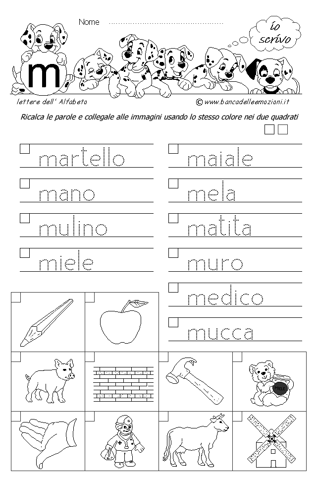 Alfabeto - scrivere parole e collegare le immagini - Lettera m