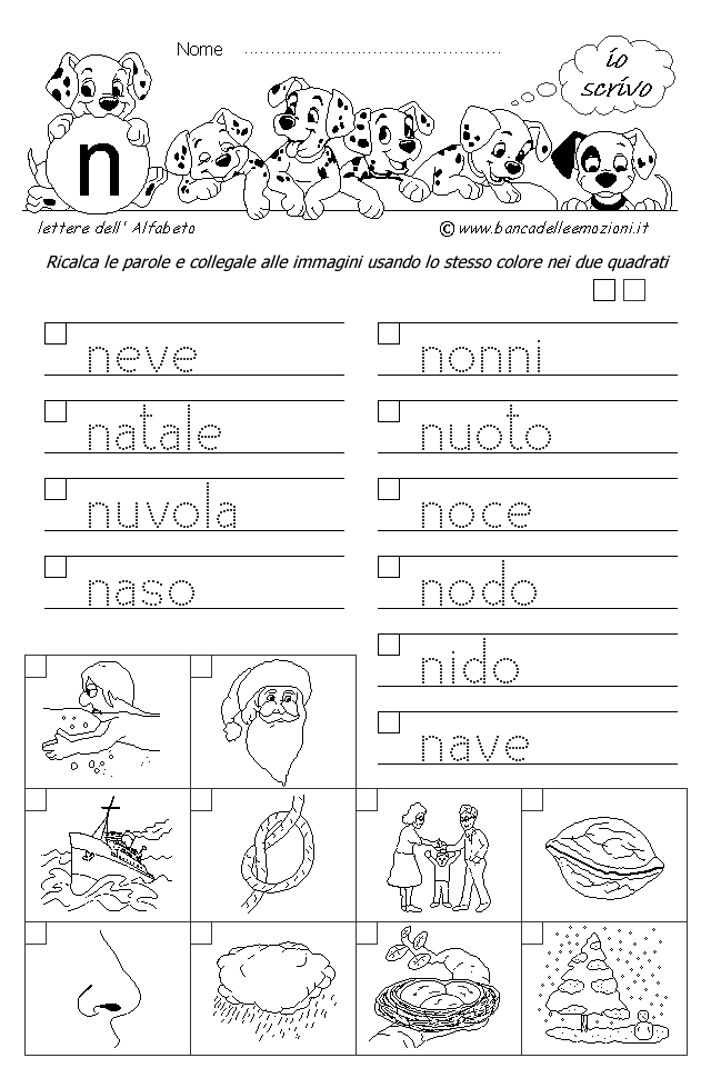 Alfabeto - scrivere parole e collegare le immagini - Lettera n