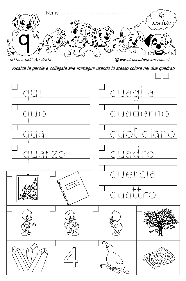 Alfabeto - scrivere parole e collegare le immagini - Lettera q