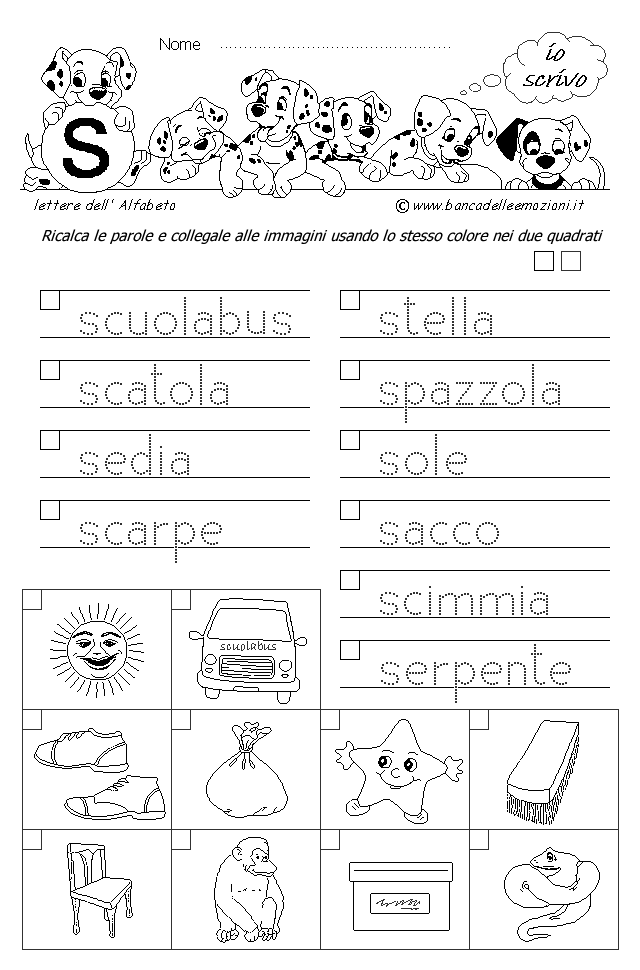 Alfabeto - scrivere parole e collegare le immagini - Lettera s