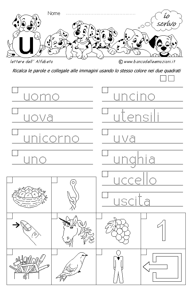 Alfabeto - scrivere parole e collegare le immagini - Lettera u