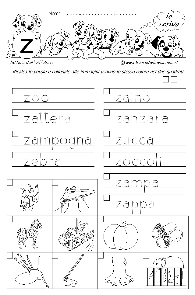 Alfabeto - scrivere parole e collegare le immagini - Lettera z