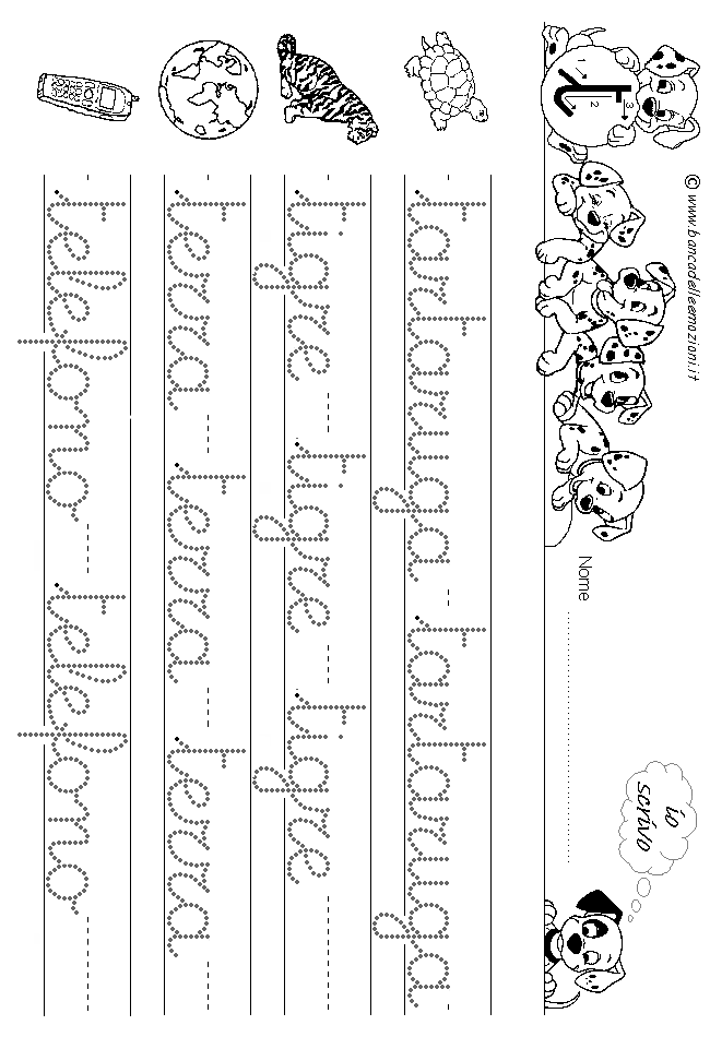 Alfabeto lettera T - parole in corsivo minuscolo con traccia