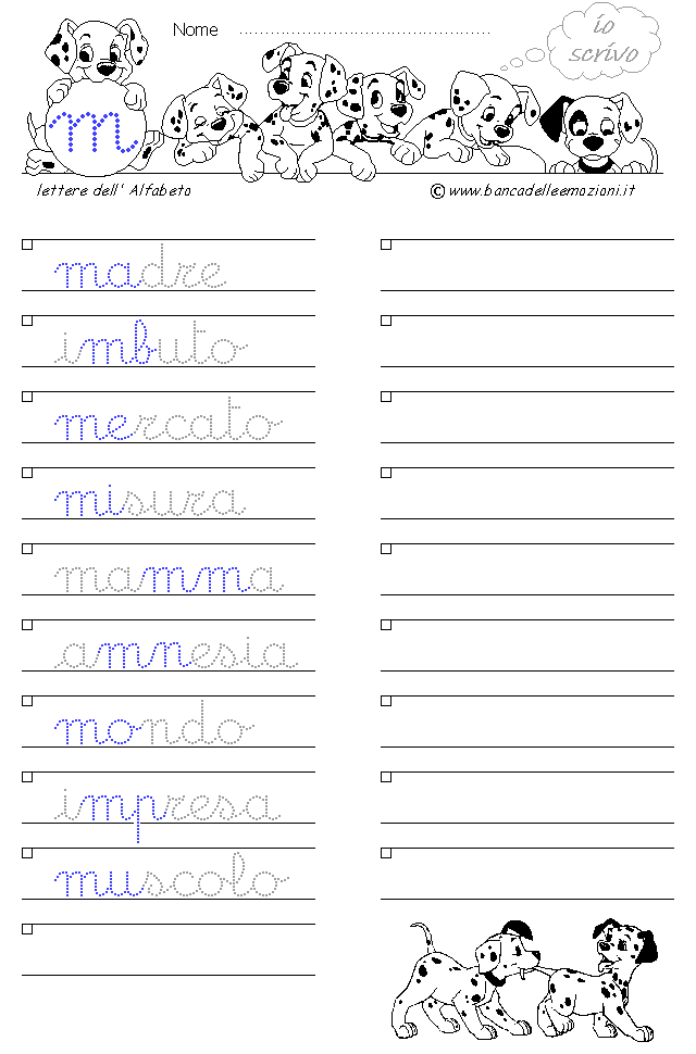Alfabeto lettera m - Corsivo minuscolo con traccia