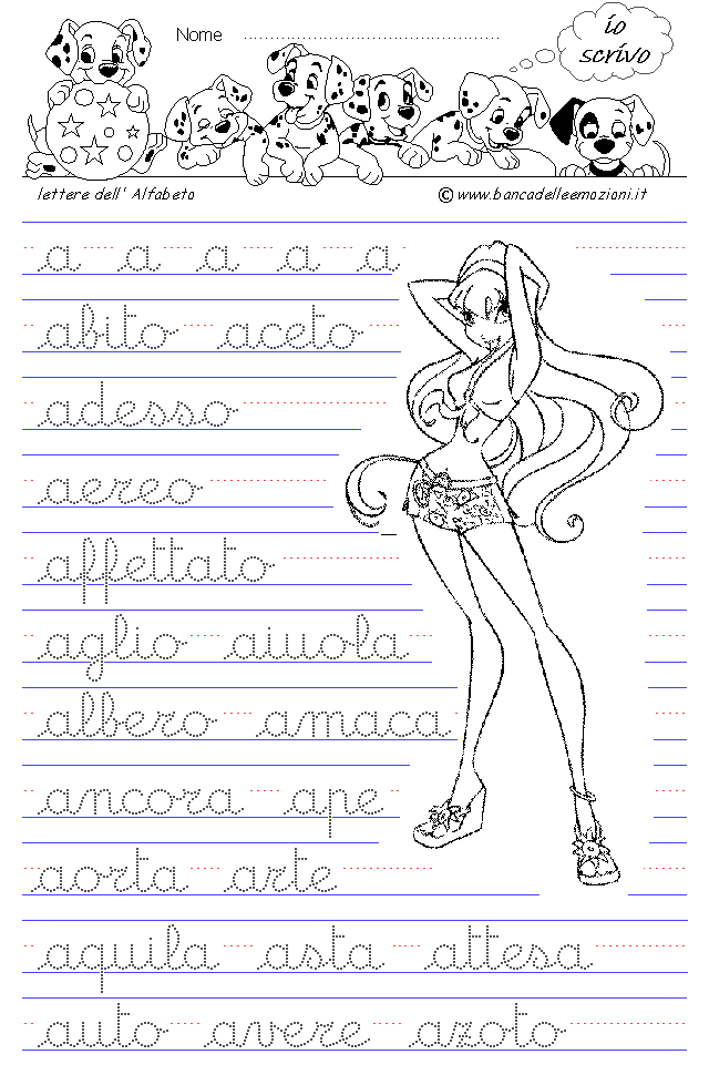 Winx Alfabeto lettera a - Corsivo Minuscolo - scrivere parole con la traccia