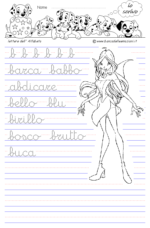 Winx Alfabeto lettera b - Corsivo Minuscolo - scrivere parole con la traccia