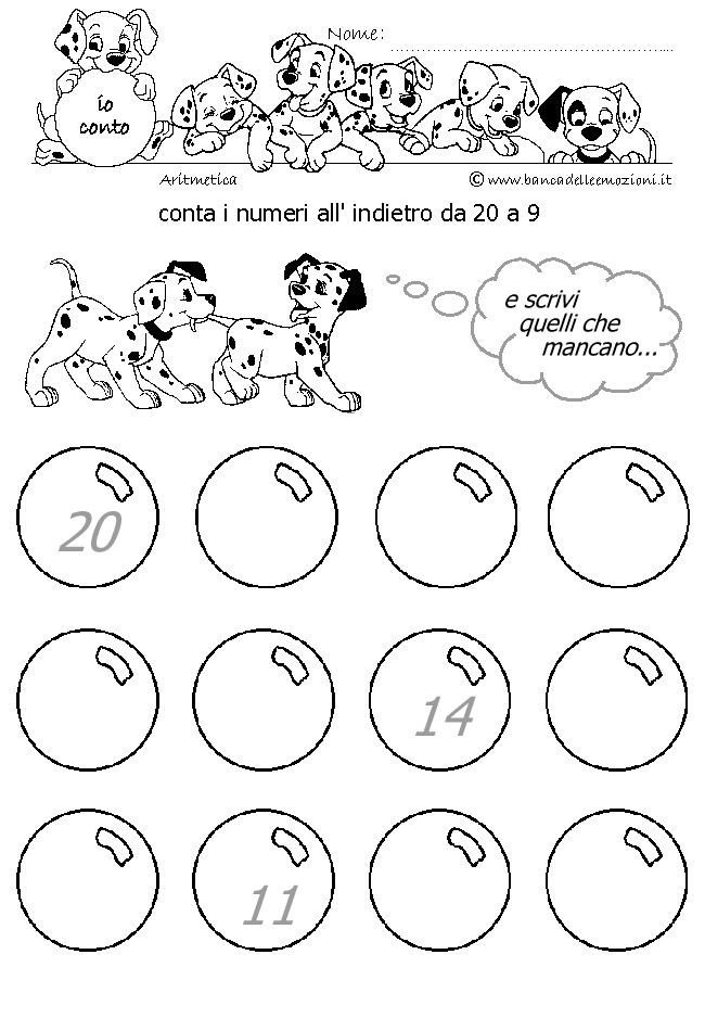 Aritmetica - Conoscere i numeri - Conta i numeri all indietro da 20 a 9 e scrivi i numeri mancanti