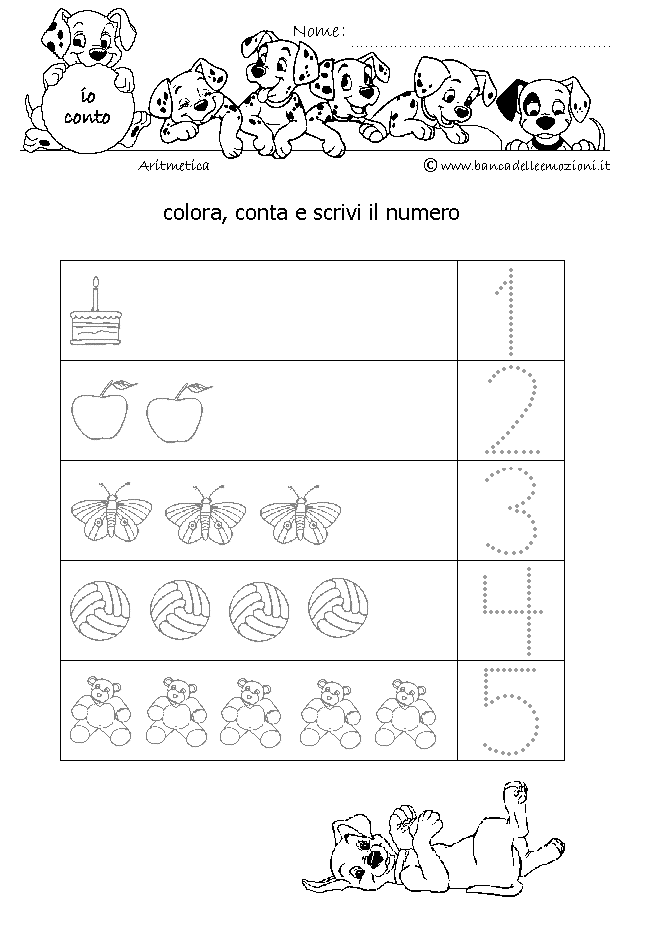 Aritmetica - Conoscere i numeri - Colora Conta e Scrivi oggetti e numeri con traccia dal 1 al 5