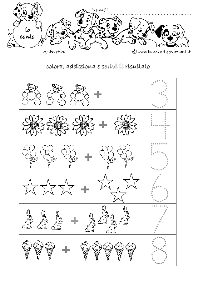 Aritmetica - ADDIZIONE numero 3 addiziona gli oggetti con traccia da 0 a 5