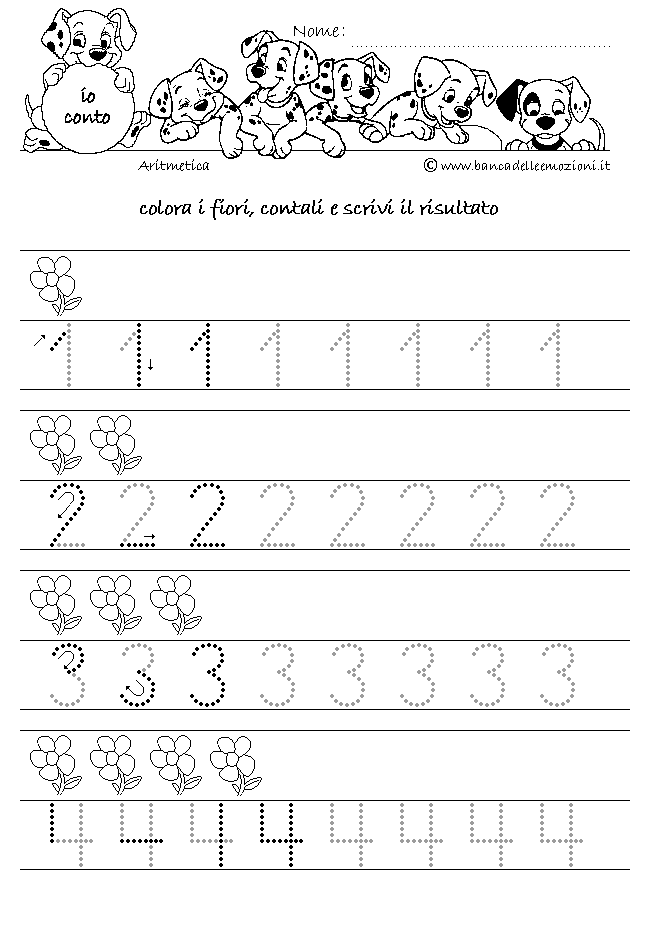Aritmetica - Conoscere i numeri - CONTA E SCRIVI - Oggetti e Numeri da 1 a 4 seguendo la traccia