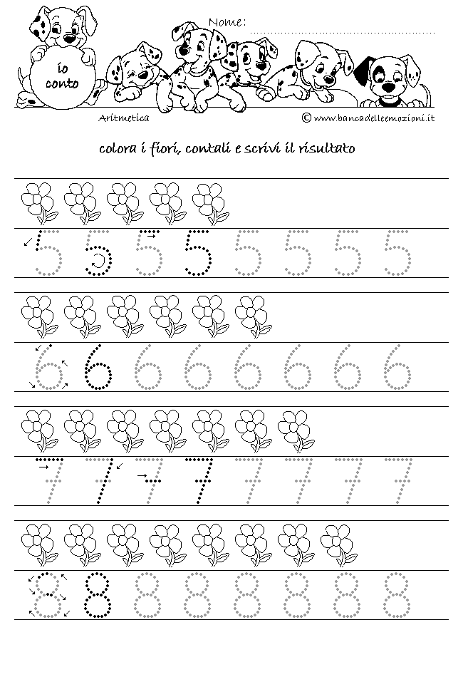 Aritmetica - Conoscere i numeri - CONTA E SCRIVI - Oggetti e Numeri da 5 a 8 seguendo la traccia