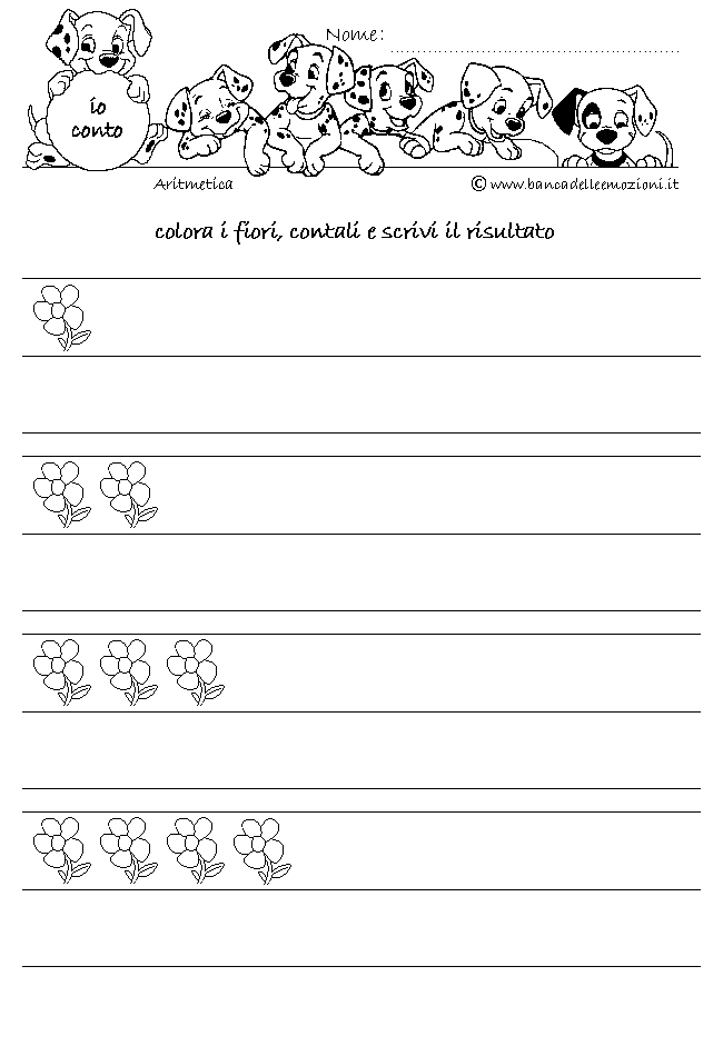 Aritmetica - Conoscere i numeri - CONTA E SCRIVI - Oggetti e Numeri da 1 a 4 senza la traccia